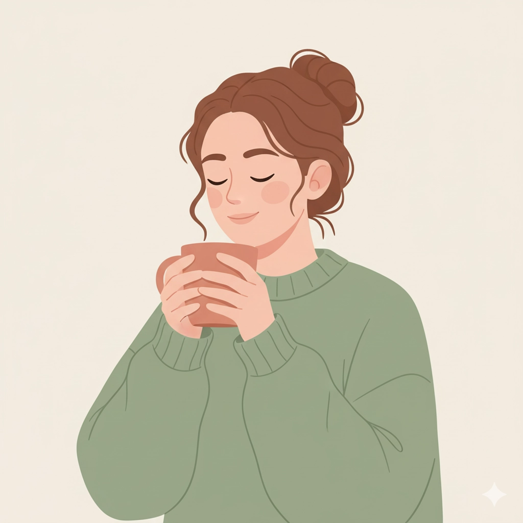 Девушка в зелёном свитере с чашкой